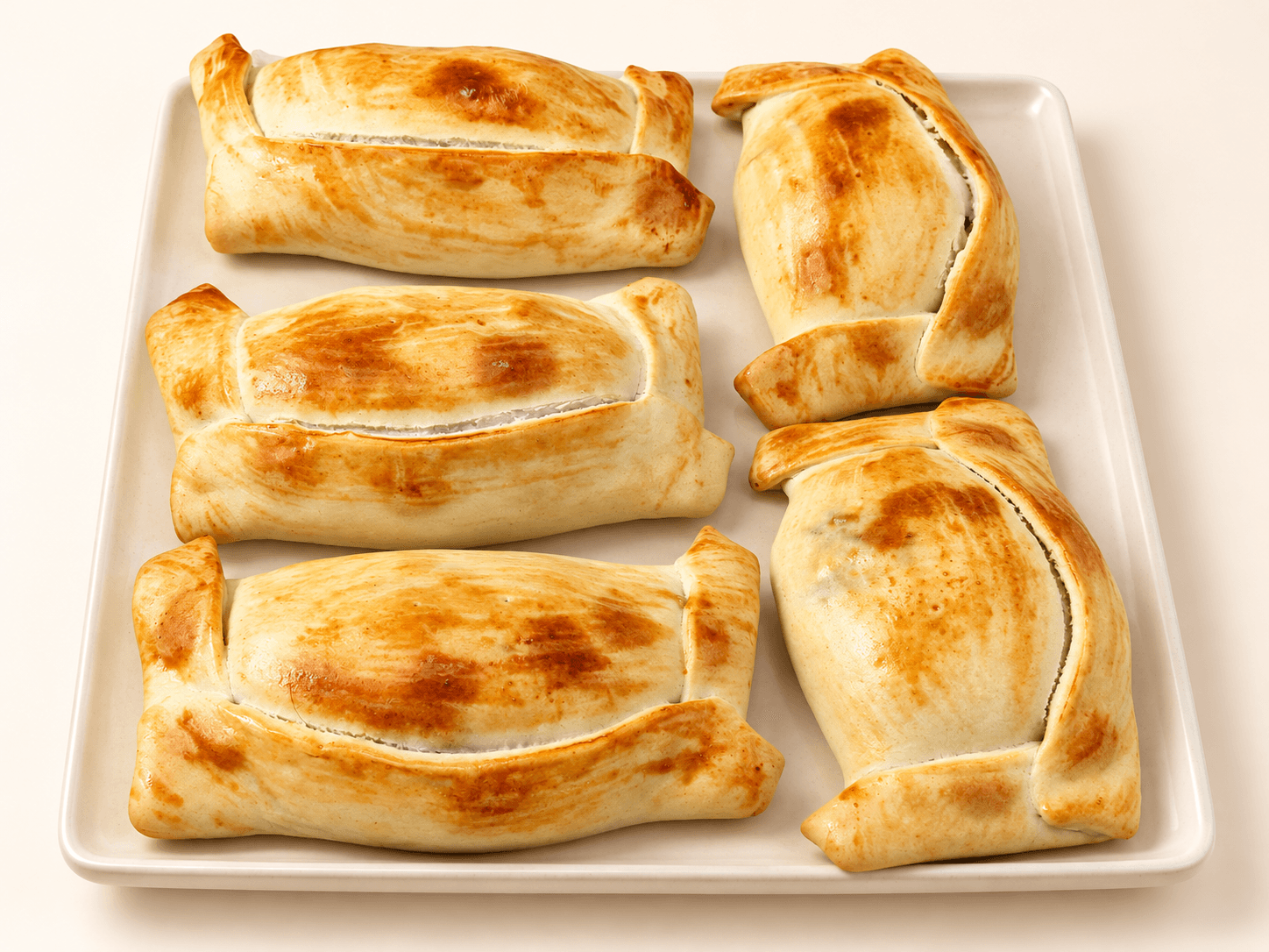 Empanadas de pino de Dulce Recreo con sus tres pliegues sobre una bandeja crema