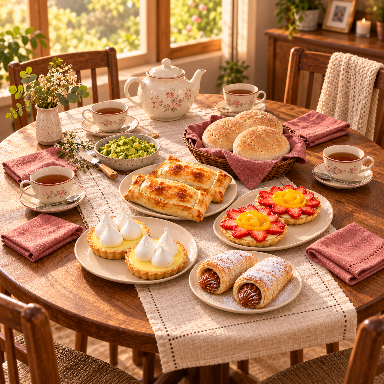 Una mesa de once chilena con tecito, palta pisada, pan amasado, empanadas de pino, pie de limón, tartaletas de fruta y cachitos con manjar