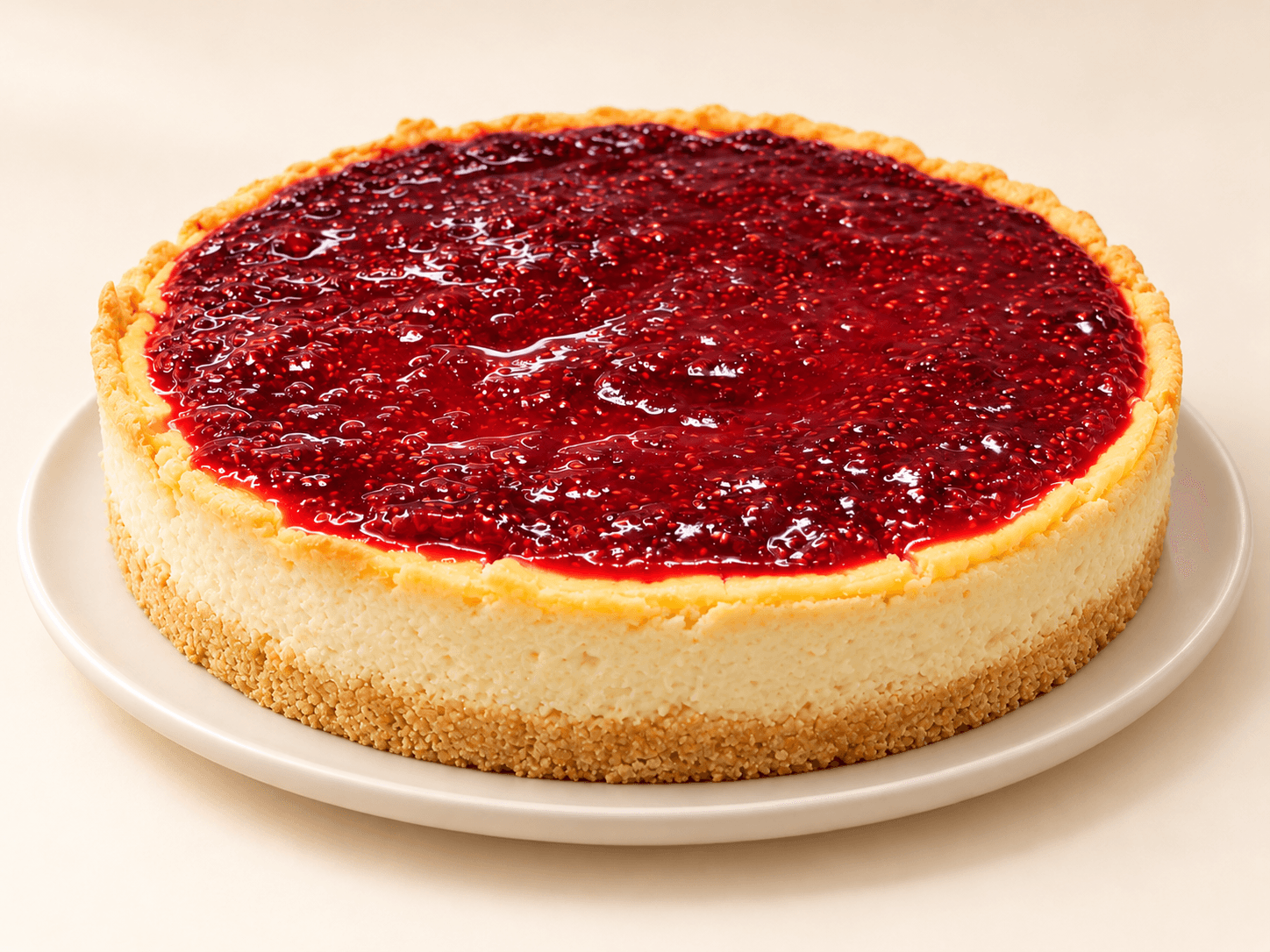 Cheesecake de frambuesa de Dulce Recreo sobre un fondo crema