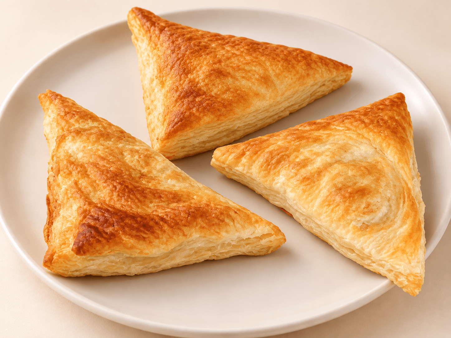 Empanadas triangulares de jamón queso de Dulce Recreo, con masa de hojaldre dorada sobre un plato crema